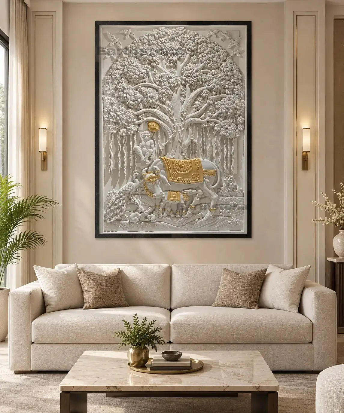 Kamadhenu Cow under The Tree of Life 50mm Indian sandstone wall mural with calf, peacock, monkey and golden carving for luxury home decor by EarthStona